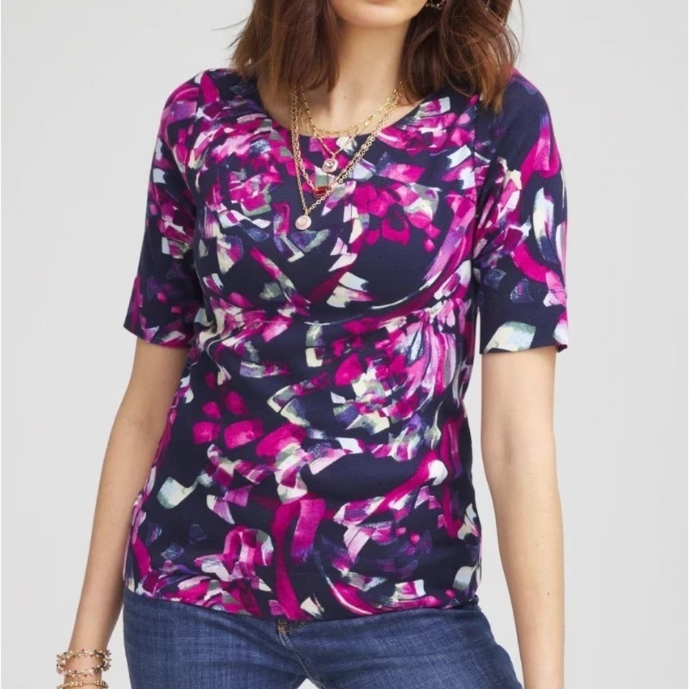 Chico's Tee Top Womens 2 US 12 Passport Abstract Floral Pima Bateau-Neck NWT $55